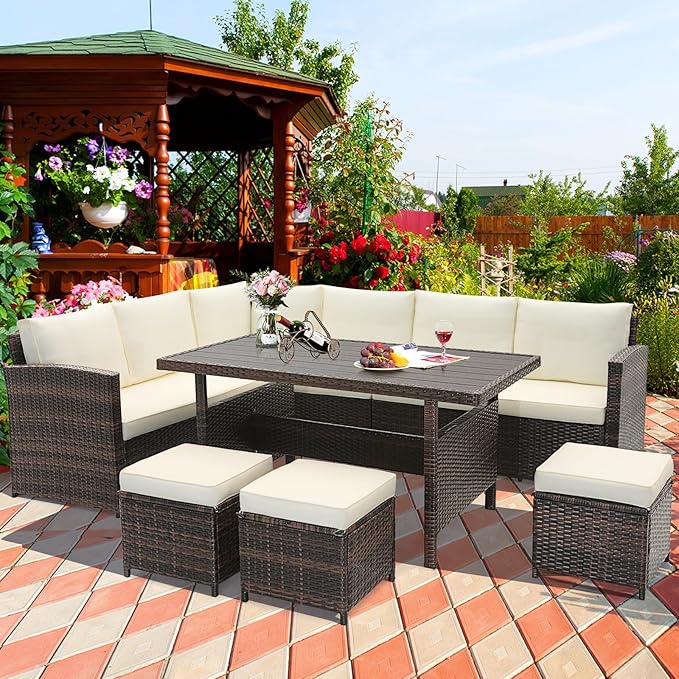 KOTEK 7 Pieces Patio Furniture Set, Wicker Outdoor Conversation Set with Dining Table & Ottomans, PE Rattan Outdoor Sectional Sofa Set for Backyard, Deck, Poolside (Off White)