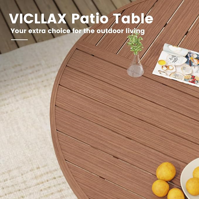 VICLLAX 40.6" Round Outdoor Table, Patio Dining Table for 4 with Umbrella Hole for Garden Lawn Deck Backyard, Walnut