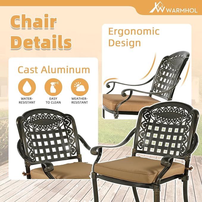 9-Piece Patio Furniture Dining Set, All Weather Cast Aluminum Outdoor Conversation Set- 61" Round Patio Dining Table with Detachable Lazy Susan & 8 Chairs, 2" Umbrella Hole, Khaki
