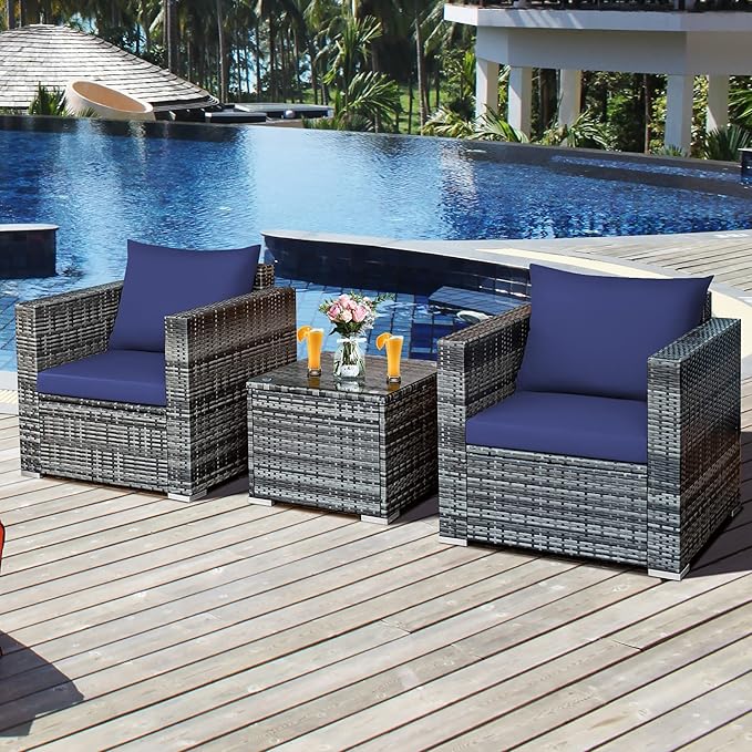 DORTALA 3 Pieces Patio Furniture Set, Outdoor Rattan Sofa Couch Set with Cushions, Tempered Glass Coffee Table, Wicker Patio Conversation Set for Lawn Backyard Poolside Balcony, Navy