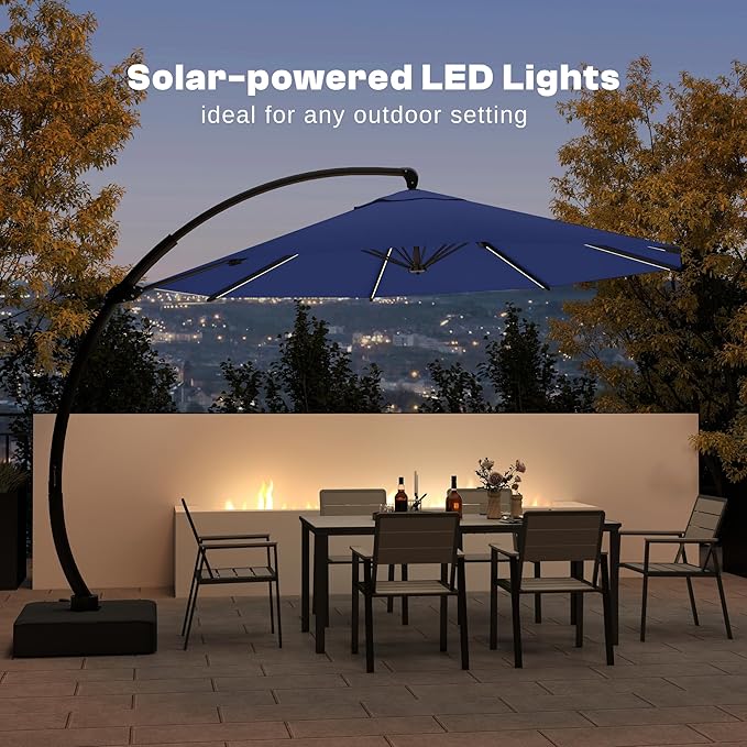 11FT Cantilever Patio Umbrella with Solar LED Lights and Base, 360 Rotating Offset Umbrella with Infinite Tilt, Heavy Duty Aluminum Frame, Outdoor Canopy for Patio, Pool, Backyard, Navy
