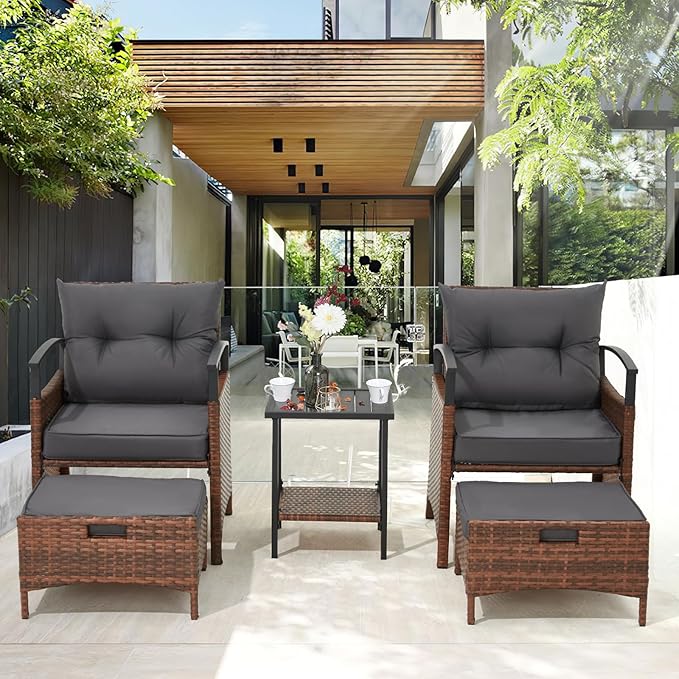 AVAWING 5 Pieces Wicker Patio Conversation Set, Outdoor Rattan Chairs with Ottoman, Metal Coffee Table, & Cushions, Outside Furniture Sets for Garden, Deck, Backyard, Poolside(Dark Grey)