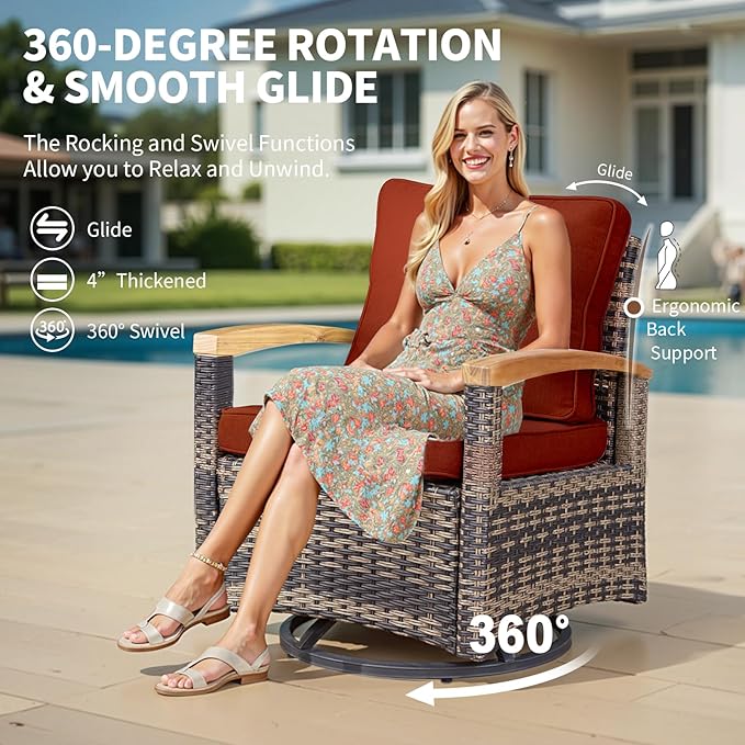 MEISSALIVVE 10 Pieces Patio Furniture Sets,Wicker Patio Conversation Sets with 4 Wood Armrests Swivel Glide Chairs, 2 Ottoman, 3-seat Sofa and Coffee Table (Red)