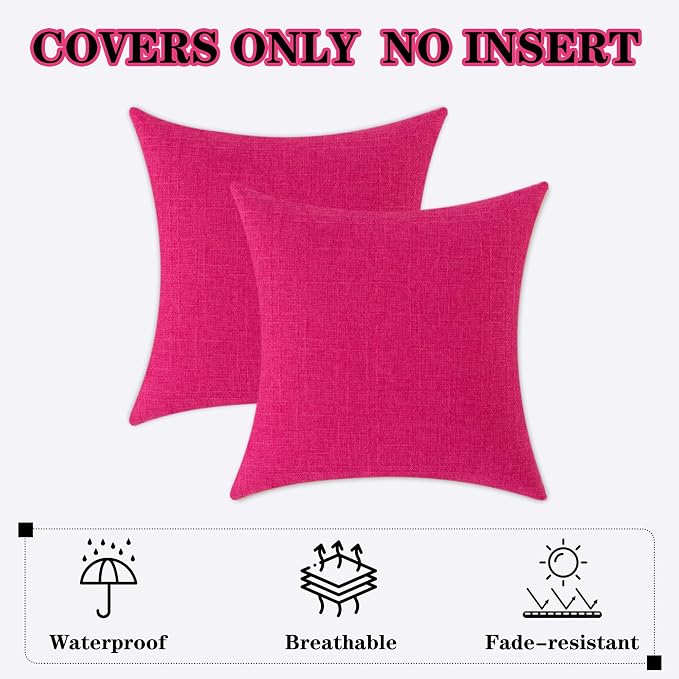 Kevin Textile Outdoor Waterproof 24”x24” Pillow Covers 2 Pack, Hot Pink | Water Resistant, Soft Faux Linen-cotton Yarn-dyed Woven Texture Throw Pillow Covers for Tent Patio Garden Couch Sofa