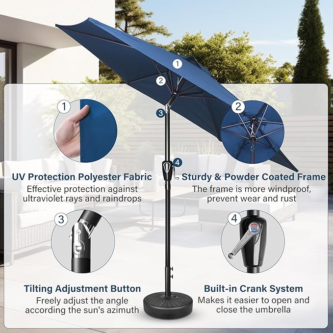 Simple Deluxe 7.5ft Patio Umbrella Outdoor Table Market Yard Umbrella with Push Button Tilt/Crank, 6 Sturdy Ribs for Garden, Deck, Backyard, Pool, Blue