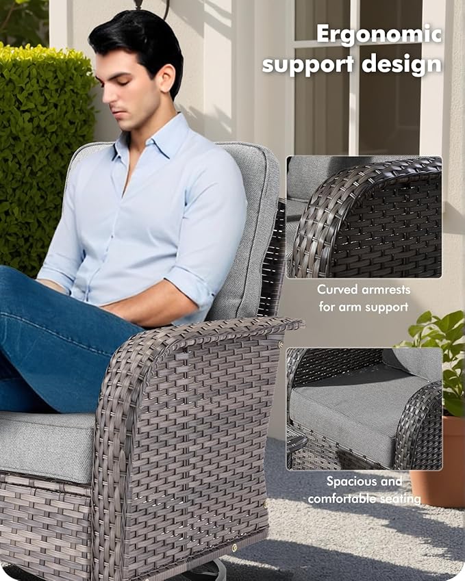 3-Piece Swivel Rocking Rattan Chair Outdoor, Patio Bistro Furniture Conversation Set, Wicker Chair with Coffee Table Dark Gray