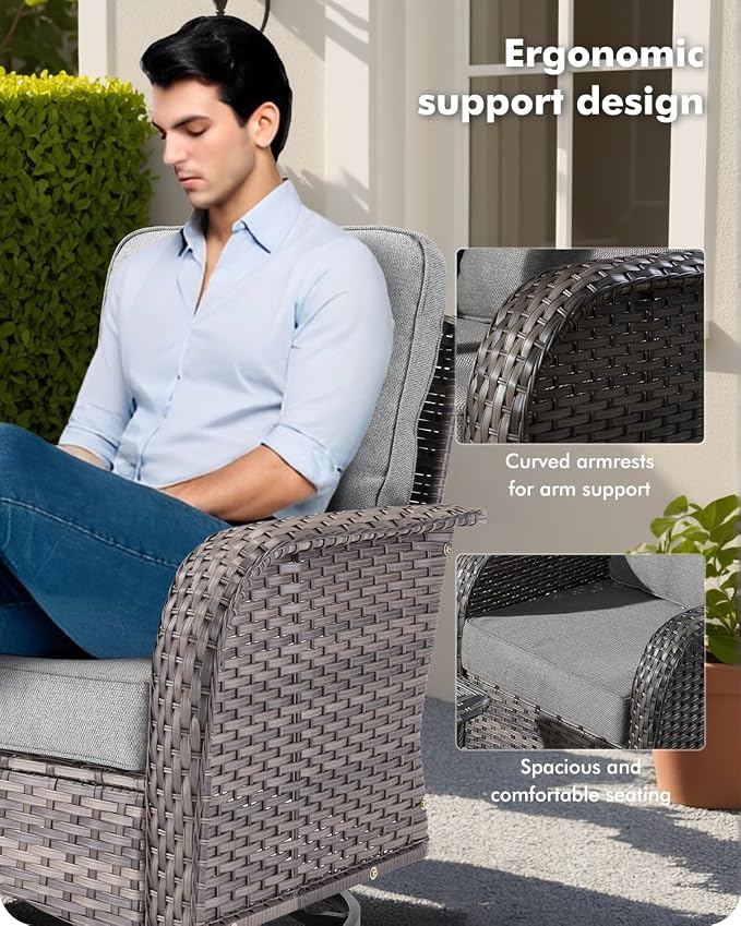 CAODOC 3-Piece Swivel Rocking Rattan Chair Outdoor, Patio Bistro Furniture Conversation Set, Wicker Chair with Coffee Table Dark Gray