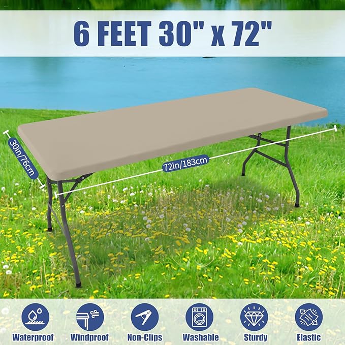 Moosfor Spandex 6 Foot Rectangle Table Cloth 2 Pack, Elastic Fitted Tablecloths for Picnic, Stretch Washable Patio Table Cover for Outdoor, Camping, Banquet and Parties (Taupe, 30"x72")