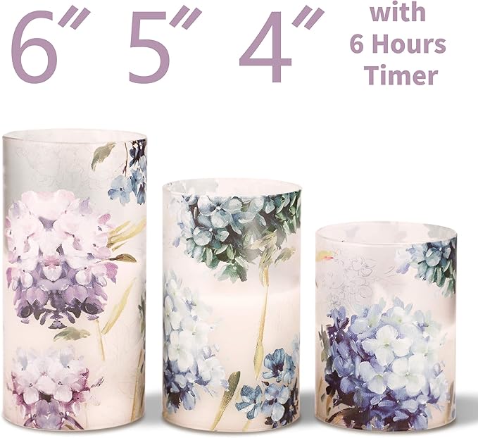 Silverstro Hydrangea Flameless Candles with Remote Blinks Glass Real Wax LED Candles - Home Party Wedding Romantic Love Theme Summer Holiday Decor - Set of 3