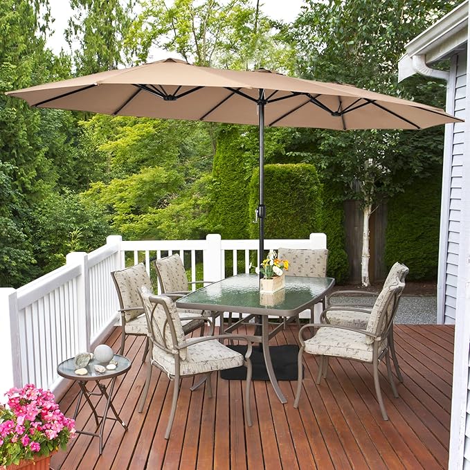 Tangkula 15FT Double-Sided Patio Umbrella with Base, Extra-Large Market Umbrella W/Crank System, Outdoor Twin Umbrella W/ 12-Rib Metal Structure & Air Vents for Garden, Backyard, Poolside (Tan)