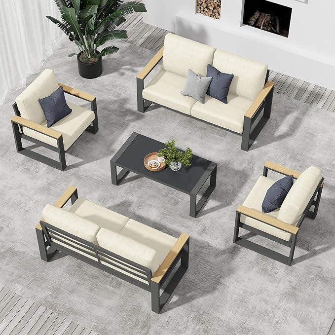 RoyalCraft Aluminum Patio Furniture, 6-Seats Metal Outdoor Furniture Set with Coffee Table, Modern Patio Sofa Sets Outdoor Conversation Set for Pool Garden Porch Backyard, Beige