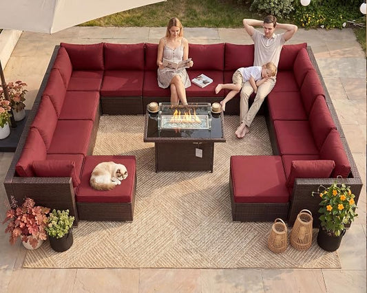 NICESOUL 15 Piece Outdoor Sectional with Fire Pit Table, Modern Luxury Patio Deep Seating w/Firepit, 29.3'' High-Back Wicker Couch Thick, Big High-Weight Capacity Sofa for Garden, Yard, Brown & Red