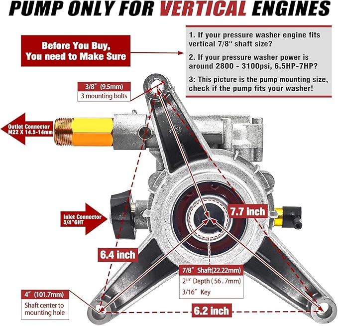 3100 PSI Vertical Pressure Washer Pump Replacement, 7/8" Shaft | 2800-3100PSI High-Pressure Performance,Fits 7/8" Vertical Shaft Engines,Rear Inlet & Outlet,Built for Tough Outdoor Cleaning