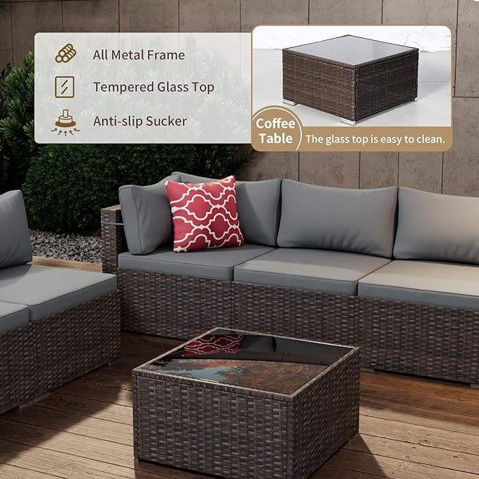 3 Piece Patio Furniture Set, Outdoor Wicker Patio Sofa Set, PE Rattan Sectional Couch with Glass Table and Grey Cushions, All-Weather 3 Piece Outdoor Patio Furniture Sets, Brown