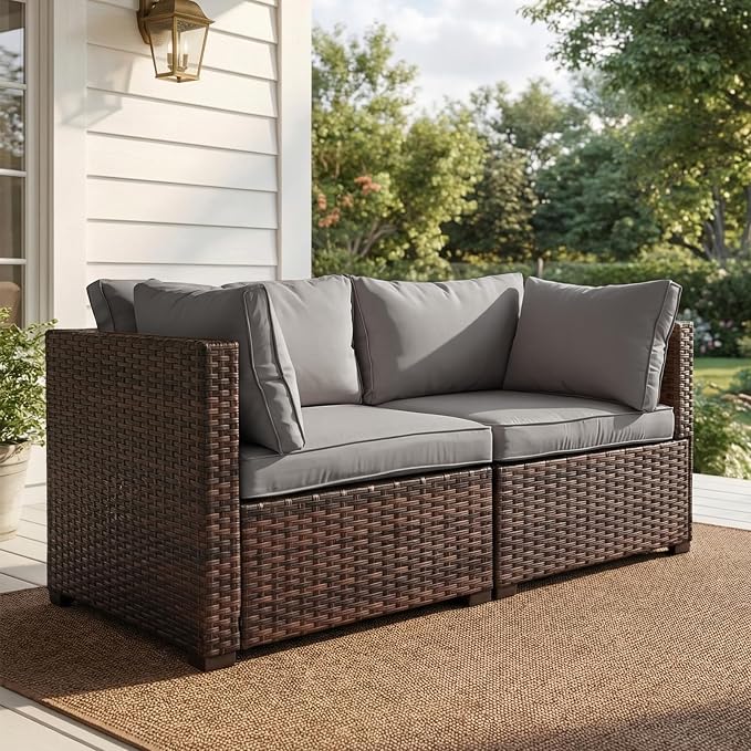 2 Pieces Patio Furniture Set, Outdoor PE Rattan Sectional Sofa with Soft Cushions for Backyard, Porch, and Poolside (Gray, 2 PCS)