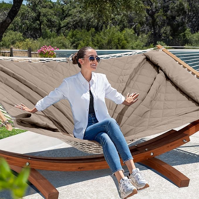 ANOW 13.5FT Curved Wooden Stand with Rope Hammock, Heavy Duty Larch Wood Arc Stand with 2 Chains, 4 Balance Ropes and 4 Carabiners, Includes Light Brown Hammock with Spreader Bars