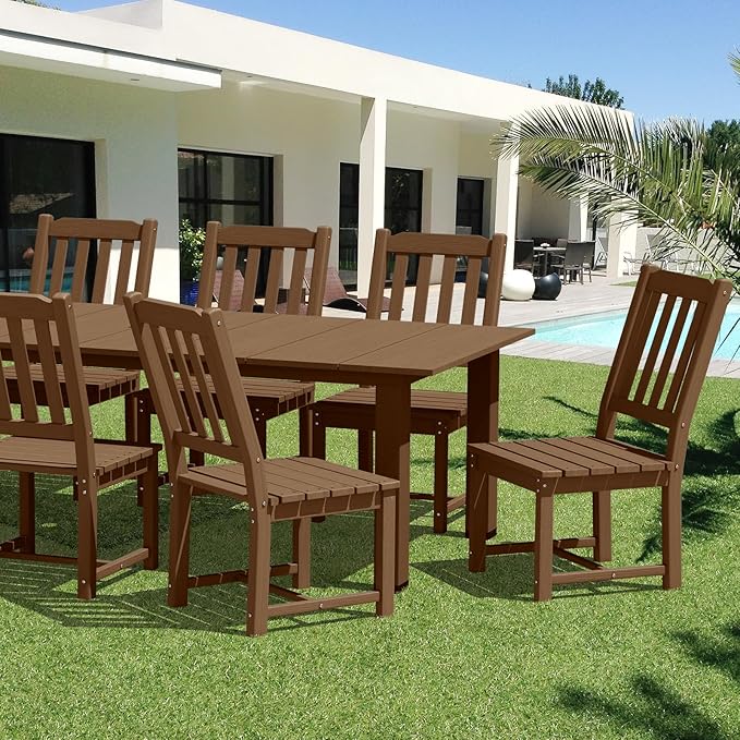 LOUNZY 9 Pieces Patio Dining Sets, Outdoor HDPE Furniture Set for 8 w/ 2" Hole Cut-Out Dining Table with 8 Armless Patio Chairs for Pool, Lawn and Garden,Brown