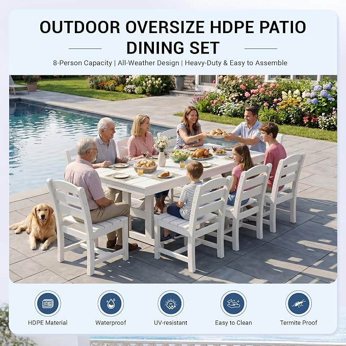 KINGYES 8-Seat Outdoor Patio Dining Set,84 inch HDPE Rectangular Table and Chairs Set，Waterproof Furniture Set with Umbrella Hole for Backyard,White