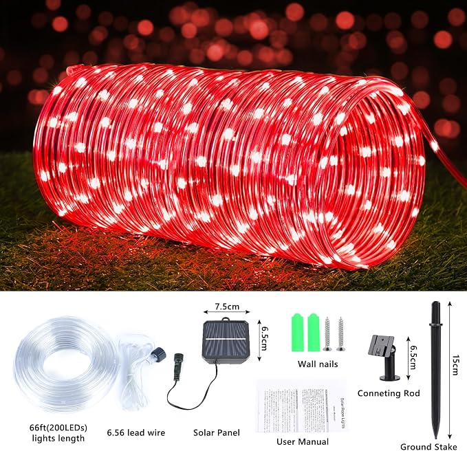 Jnaurb Solar Rope Lights, 2 Packs Total 132ft 400LED Solar String Lights, 8 Modes Waterproof Solar Outdoor Light, Flexible Clear Trampoline Light for Garden Backyard Patio Deck Pool Tree Decor - Red