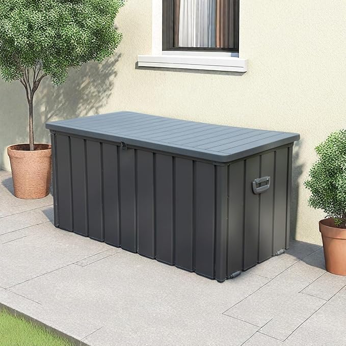 ChicFurnit Outdoor Storage Box, 100 Gallon Deck Box with Lockable Resin Lid & Portable Side Handles, Outdoor Storage Bin with Stable Support Rod, Soft Close Mechanism & Mobility Rollers, Dark Gray