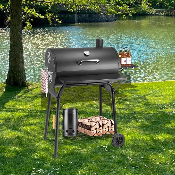 Kendane Barrel Charcoal Grill, Large Charcoal Grills with Front and Side Shelf, 627 Square Inches Cooking Grid, Outdoor BBQ Grill, Perfect for Backyard Camping, Patio Parties, and Picnics