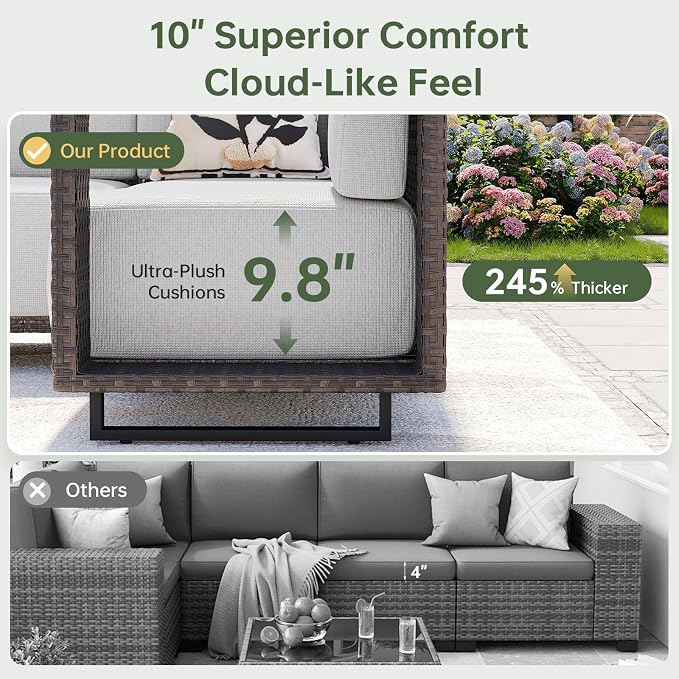 Aoxun Patio Furniture Set, 4 Piece Outdoor Wicker Sectional Sofa Set, All-Weather Rattan with 10'' Ultra-Thick Cushions, Outdoor Conversation Set for Backyard, Poolside and Garden, Brown/Light Gray