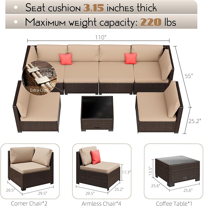 LHBcraft 7 Pieces Outdoor Patio Furniture Sets,PE Rattan Wicker Patio Conversation Set with Tea Table,Patio Sectional with Thick Cushions,Outdoor Furniture for Garden, Deck