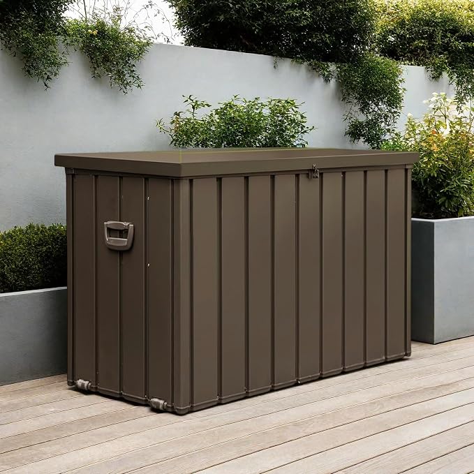 ChicFurnit Outdoor Storage Box, 200 Gallon Deck Box with Lockable Metal Lid & Portable Side Handles, Outdoor Storage Bin with Stable Support Rod, Soft Close Mechanism & Mobility Rollers, Dark Brown