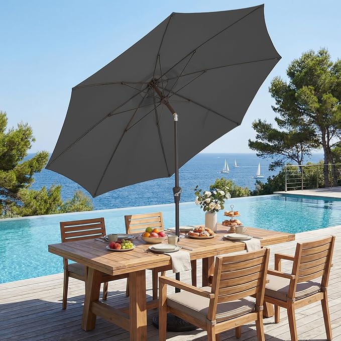 JEAREY 9FT Outdoor Patio Umbrella,Market Table Umbrella with 8 Fiberglass Ribs, Pool Umbrella with Tilt and Crank, UV Protection Lightweight & Wind-Resistant for Lawn, Garden, Deck and Backyard, Gray