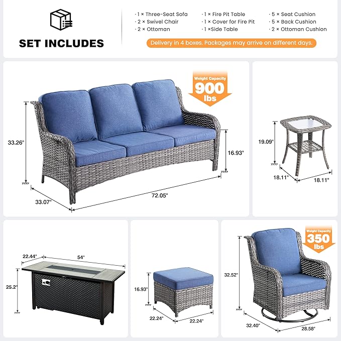 ovios 7-Piece Patio Furniture Set with Swivel Chairs Coffee Table, Outdoor Wicker Sofa with 54" Fire Pit Table, High Back Couch Modern Conversation Sets, Grey/Denim Blue