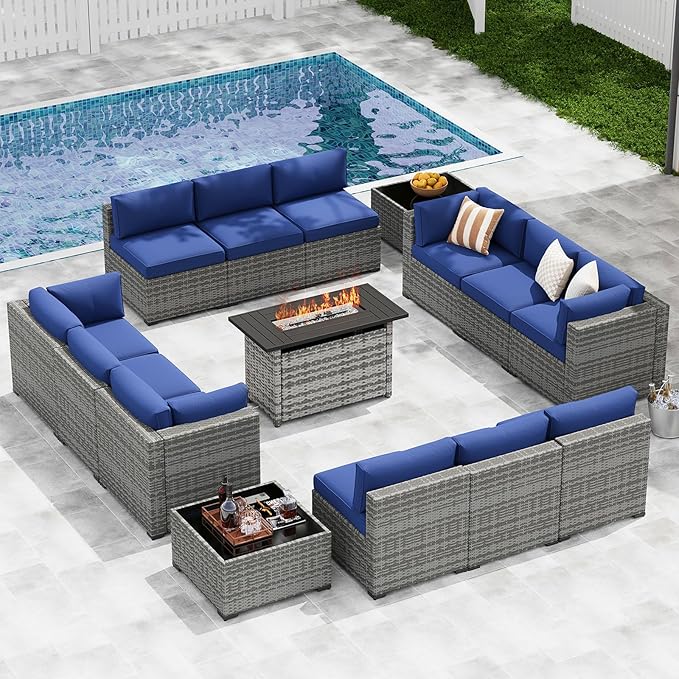 LazySunsets 15-Piece Patio Furniture Set with 44" Fire Pit Table, Wicker Outdoor Furniture, Patio Conversation Sets with Coffee Table, Outdoor Sectional Couch with Waterproof Cover, Blue