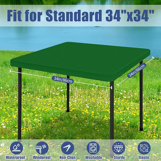 Moosfor Spandex Picnic Table Cloth 2 Pack, Elastic Fitted Tablecloths for Square Tables, Stretch Washable Patio Table Cover for Outdoor, Camping, Banquet and Parties (Emerald Green, 34"x34")
