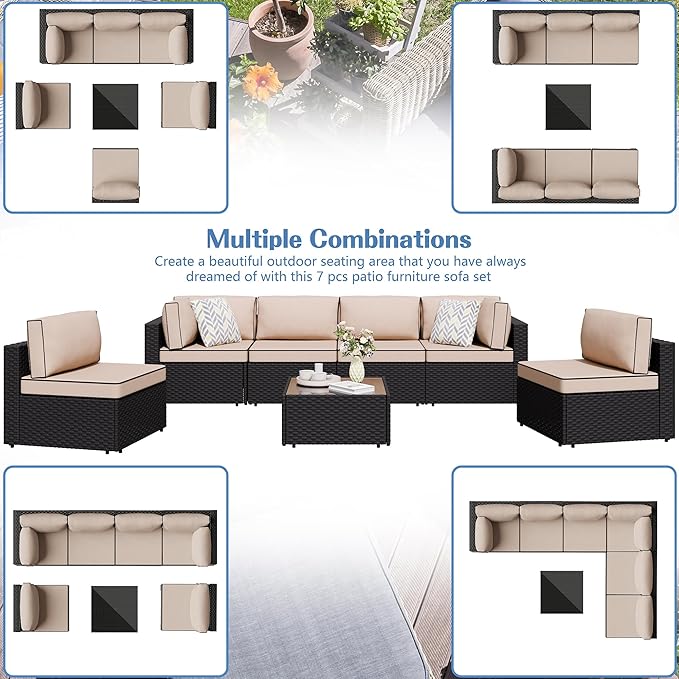 7 Piece Outdoor Patio Furniture Set,Black PE Rattan Wicker Sectional Sofa, All Weather Conversation Set with Washable Cushions & Glass Coffee Table for Backyard Poolside Garden Porch,Khaki