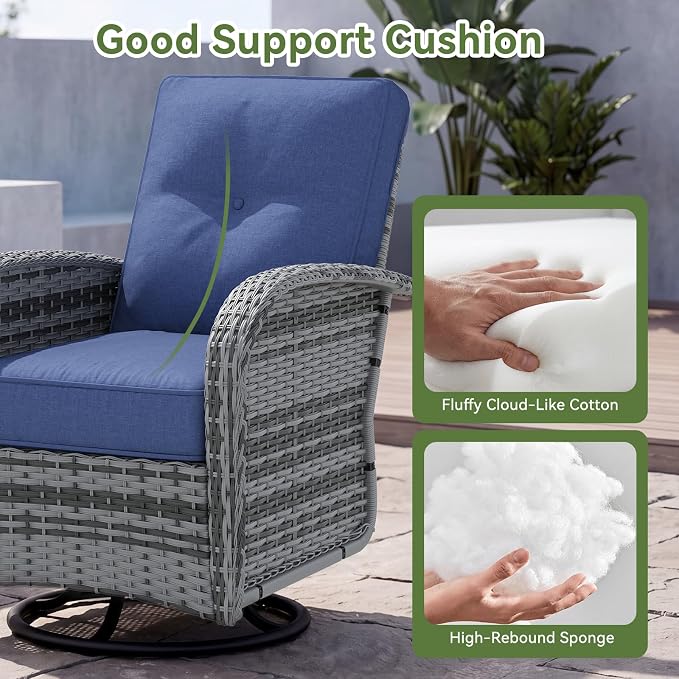 LazySunsets 9 PCS Patio Furniture Set, Outdoor Sectional All-Weather Wicker Conversation Set with Swivel Rocker Chairs, 4'' Thick Cushions for Backyard Poolside(Navy/Grey)