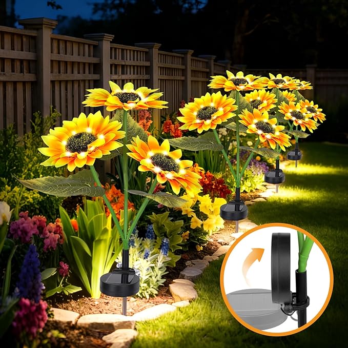 Solar Path Lights Outdoor 4 Pack, LED Flower & Sunflower Decor, Waterproof Auto On/Off, Bigger Solar Panel for Yard, Patio, Garden Walkway Decoration Gift for Mom (Yellow)