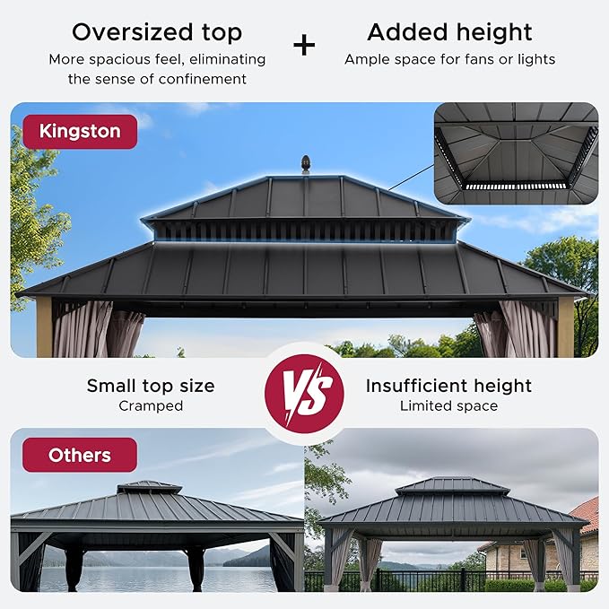 SUNJOY Kingston 14' x 12' Hardtop Wood Gazebo with Galvanized Steel Double Roof, Curtain and Netting, Cedar Posts Permanent Pavilion Gazebo for Garden, Patio, Deck, Lawn