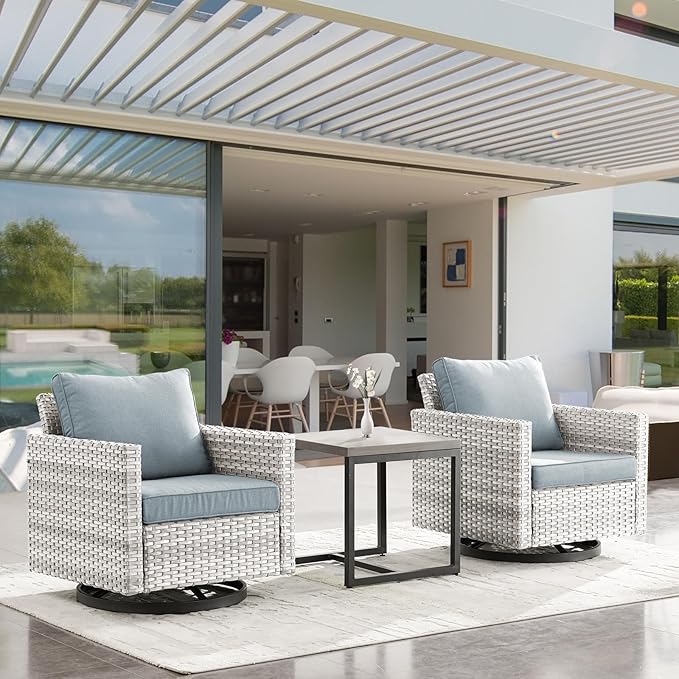 Outdoor Patio Swivel Rocker Chairs - 3 Piece Wicker Patio Furniture Bistro Swivel Rocking Chairs Set with Comfortable Cushions,Sturdy Metal Frame and Side Table for Porch Deck(Light Grey/Sky Blue)