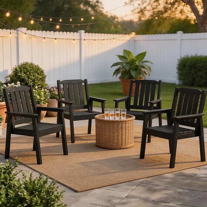 Takywep 23.9” Wide HDPE Patio Dining Chairs Set of 4, 650LBS Capacity All-Weather Yard Armchair with Slatted Seat, Heavy Duty Modern Backyard Furniture for Garden, Poolside, Deck, Black