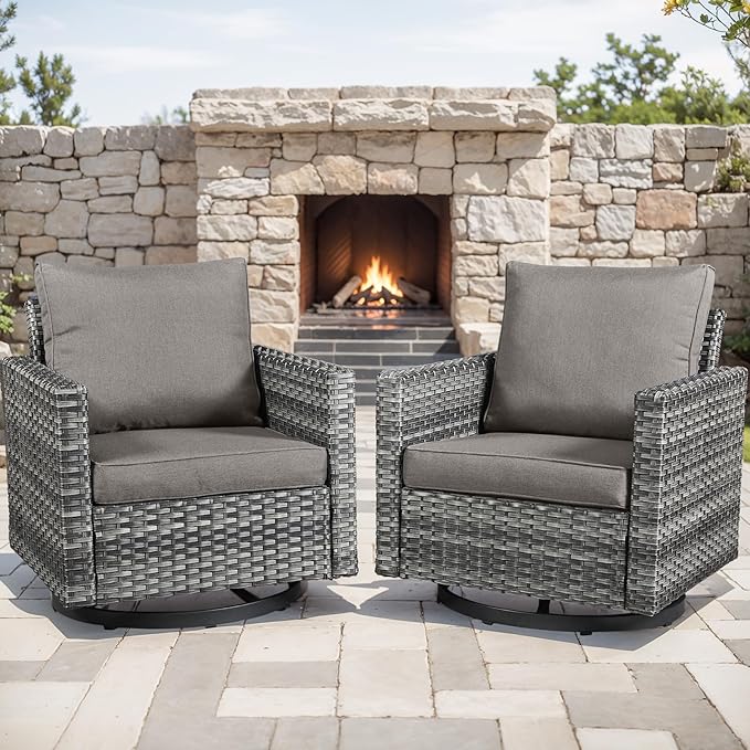 Outdoor Patio Swivel Rocker Chairs - Single Wicker Patio Swivel Rocking Chair with Waterproof Wicker,Comfortable Cushions and Sturdy Metal Frame for Outside Porch Deck Backyard(Mixed Grey/Grey/1PC)