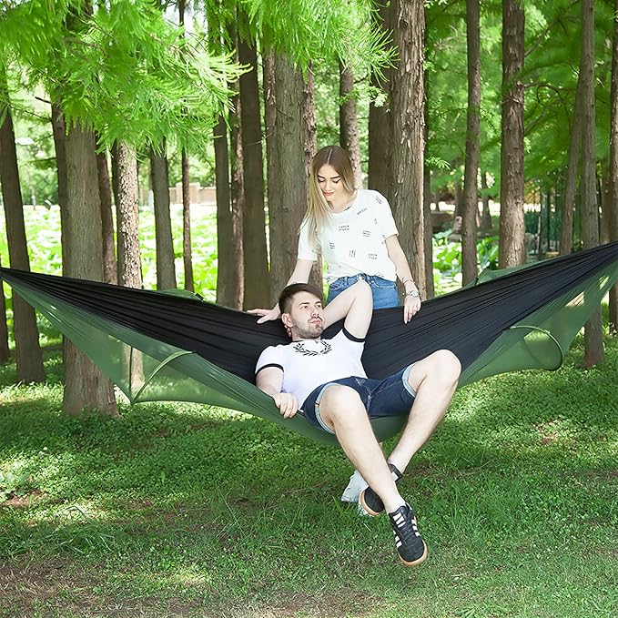 LFL Portable Camping Hammock with Mosquito Net, 1 or 2 Person Outdoor Swing Hammock, Nylon Parachute Material, Quick Opening Outside Hammock with Net, Hiking Travel Courtyard (Black)