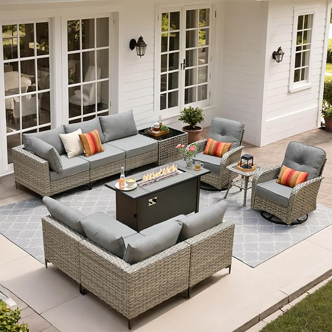 Outdoor Patio Furniture Sets,11 PCS Patio Conversation Set Outside Rattan Sectional Sofa with 54 in Fire Pit Table Wicker Rocking Chair Coffee Table Fit Backyard Porch Garden Poolside Balcony