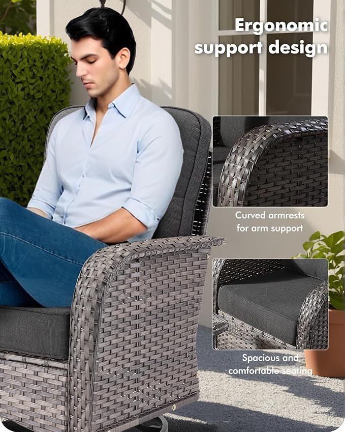 3-Piece Swivel Rocking Rattan Chair Outdoor, Patio Bistro Furniture Conversation Set, Wicker Chair with Coffee Table Black