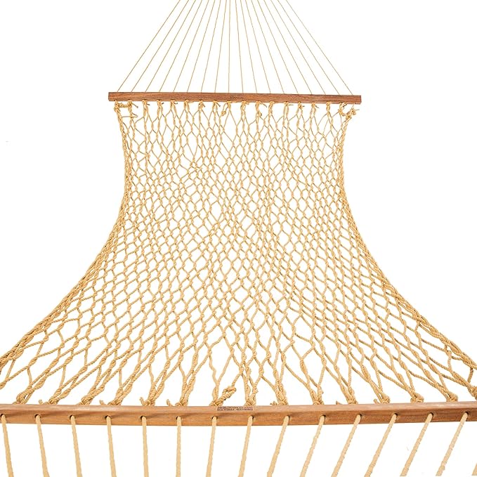 Nags Head Hammocks Single Tan DuraCord Rope Hammock – 12 ft. x 50 in., 450 lb Capacity, Cumaru Spreader Bar, Galvanized Hardware, Handcrafted in USA, Free Chains & Tree Hooks
