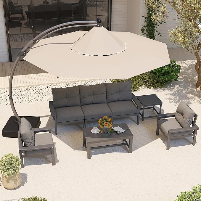 Grey HDPE Outdoor Patio Furniture Set, 7-Piece Patio Conversation Sets with Coffee Table & Side Table & Washable Thick Cushions, Outdoor Sofa for Balcony, Porch, Poolside