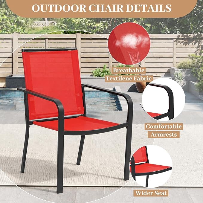 Anmutig 5-Piece Outdoor Patio Dining Set 37-Inch Square Glass Table with 4 Stackable Chairs for Lawn Backyard and Deck, Red