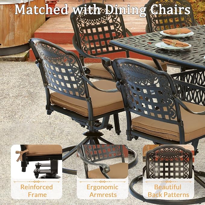 9 Piece Outdoor Patio Dining Set for 8, Cast Aluminium Large Square Dining Table & 8 Swivel Rocker Chairs with Removable Cushions, Umbrella Hole, Patio Furniture Set for Garden, Khaki