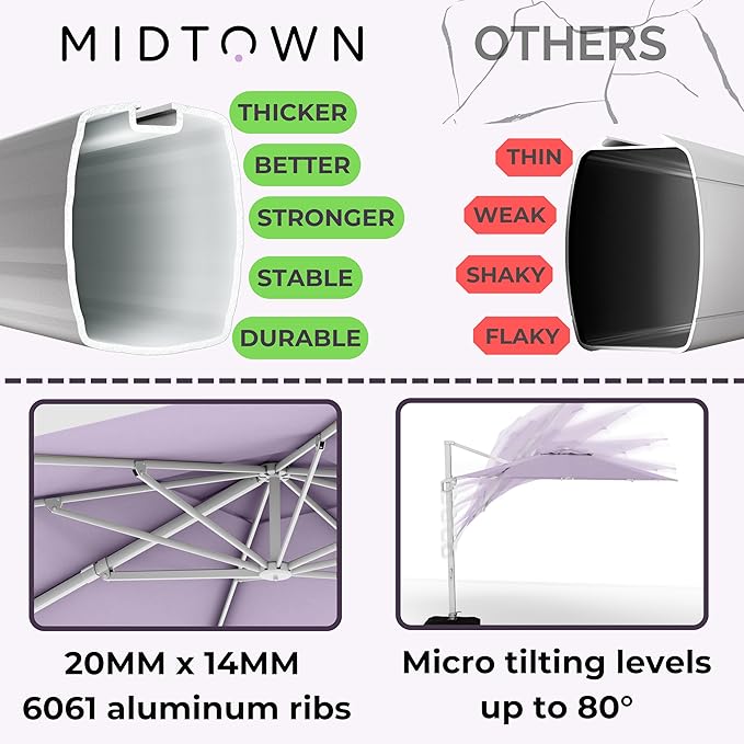 Midtown Umbrellas10 Ft Outdoor Cantilever Patio Umbrella w/Terylast Midtown Purple Fabric - Rotate 360° Offset Patio Umbrella, Deck Patio Umbrella, Backyard Umbrella & Garden Umbrella - Silver Frame