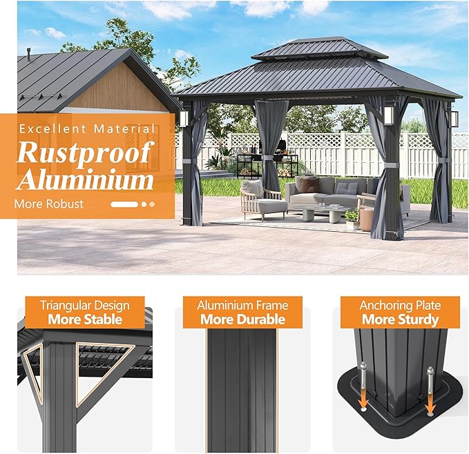 GARTOO 10'x12' Outdoor Hardtop Gazebo with Double Roof - Heavy-Duty Steel Top Aluminum Frame Gazebo with Solar LED Light, Breathable Netting & Privacy Curtain for Patio, Porch, Garden, Backyard