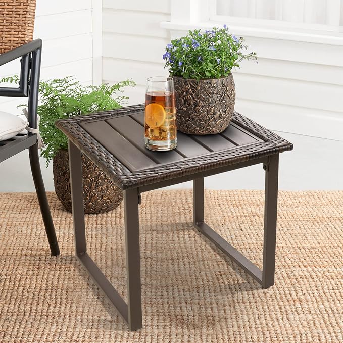 Wicker Outdoor Side Table for Patio Set of 2, 2 PCS Square Rattan Outdoor End Tables for Outside Porch Lawn Garden Balcony Pool Bistro, Brown