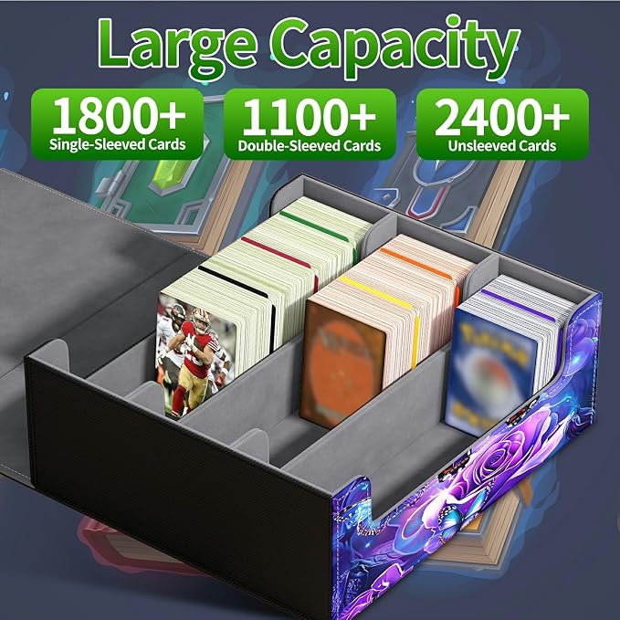 Card Deck Box for MTG, Cards Storage Box Fits 120+ Sleeved, Leather Big Size Strong Magnetic Closing Case for Board Games Magic TCG CCG Baseball Collection Women, Purple Butterfly Flower